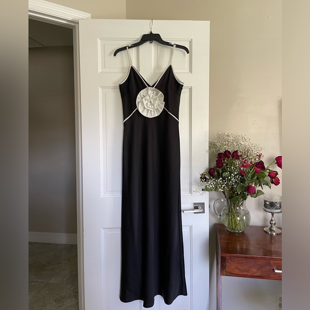 Stephanie Satin V-Neck Rosette Detail Sleeveless Slip Maxi Dress